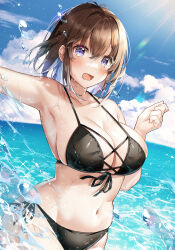 Rule 34 | 1girl, :d, bare arms, bare shoulders, bikini, black bikini, blue hair, blush, breasts, brown hair, cleavage, collarbone, commentary request, front-tie bikini top, front-tie top, highres, large breasts, looking at viewer, medium hair, navel, ocean, open mouth, original, shiro kuma shake, side-tie bikini bottom, smile, solo, stomach, sunlight, swimsuit, water, wet