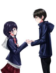 Rule 34 | 1boy, 1girl, absurdres, amano hina (tenki no ko), black hair, black pants, blue eyes, blue jacket, bow, bowtie, closed mouth, clutching chest, commentary, couple, eye contact, from side, highres, hood, hoodie, jacket, lens flare, long hair, long sleeves, looking at another, low twintails, morishima hodaka (tenki no ko), pants, plaid, plaid skirt, pleated skirt, red bow, red bowtie, red skirt, school uniform, short hair, simple background, skirt, sora (men0105), tenki no ko, twintails, white background, white hoodie