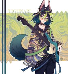 1boy alternate_costume animal_ear_fluff animal_ears bass_guitar black_hair black_hood black_pants capelet character_name earrings fox_boy fox_ears fox_tail genshin_impact glasses green_eyes green_hair hair_between_eyes highres hood instrument jewelry looking_at_viewer male_focus multicolored_hair nekojinnyart pants short_hair simple_background solo streaked_hair tail tighnari_(genshin_impact) white_background