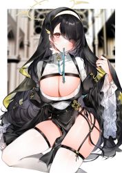 Rule 34 | 1girl, absurdres, black dress, black hair, blue archive, blurry, blurry background, blush, breasts, brown eyes, cleavage, cleavage cutout, clothing cutout, dress, garter belt, garter straps, habit, hair ornament, hair over one eye, highres, hinata (blue archive), large breasts, long hair, long sleeves, looking at viewer, mouth hold, nun, pelvic curtain, red eyes, sitting, solo, thighhighs, thighs, very long hair, wavy hair, white thighhighs, yukineko1018
