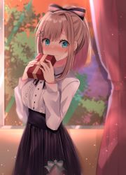 Rule 34 | absurdres, alternate costume, blue eyes, blush, breasts, brown hair, commentary request, curtains, embarrassed, gift, hair ornament, hair ribbon, hairclip, highres, holding, holding gift, looking at viewer, nijisanji, ribbon, school uniform, short hair, solo, suzuhara lulu, suzuhara lulu (1st costume), tree, virtual youtuber, window, yuteke key