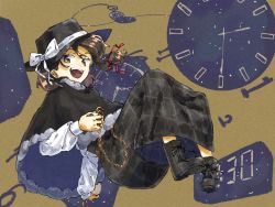Rule 34 | 1girl, beige background, black footwear, black skirt, boots, bow, brown hair, capelet, clock, fedora, floating, hat, hat bow, hat ribbon, nama udon, open mouth, ribbon, skirt, touhou, usami renko, watch, white bow
