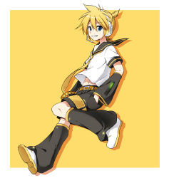 Rule 34 | 1boy, bass clef, blonde hair, blue eyes, clothes lift, detached sleeves, from side, full body, grin, hands in pockets, headphones, headset, kagamine len, leg warmers, male focus, navel, necktie, sailor collar, shirt lift, shorts, smile, solo, sudachi (calendar), vocaloid, yellow background, yellow necktie
