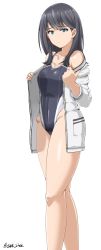 Rule 34 | 10s, 1girl, black hair, black one-piece swimsuit, breasts, cardigan, cleavage, competition swimsuit, feet out of frame, green eyes, gridman universe, highres, long hair, medium breasts, one-piece swimsuit, saizu nitou gunsou, simple background, solo, ssss.gridman, standing, swimsuit, takarada rikka, twitter username, white background, white cardigan