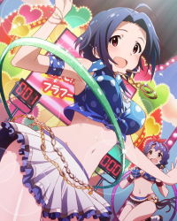 Rule 34 | 10s, 2girls, :d, ahoge, blue hair, blush, bracelet, breasts, crop top, crop top overhang, front-tie top, headset, hoop, hula hoop, idolmaster, idolmaster (classic), idolmaster million live!, jewelry, lens flare, looking at viewer, midriff, miura azusa, multiple girls, musical note, navel, necklace, official art, open mouth, red eyes, shirt, short hair, skirt, smile, tied shirt, toyokawa fuka