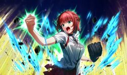 1girl aura baseball_glove baseball_uniform black_undershirt blurry cinderella_series clenched_hand cowboy_shot depth_of_field game_cg green_eyes hachigatsu_no_cinderella_nine hair_ornament hairclip highres miyai_miyako non-web_source official_art open_mouth pleated_skirt red_hair red_skirt shirt shirt_under_shirt short_hair short_sleeves shouting skirt solo sportswear striped_clothes striped_shirt sweat vertical-striped_clothes vertical-striped_shirt