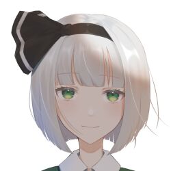 Rule 34 | 1girl, black hairband, blunt bangs, closed mouth, commentary, green eyes, grey hair, hairband, highres, konpaku youmu, looking at viewer, portrait, short hair, simple background, solo, touhou, umeko 81, white background