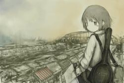 1girl absurdres bad_id bad_twitter_id bag blush bridge building expressionless fog frying_pan greyscale hair_ornament hairpin highres holding holding_bag jitome looking_back monochrome original outdoors papers_drivers rooftop shoulder_bag sketch solo suspension_bridge turning_head