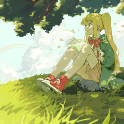Rule 34 | 1girl, ahoge, blonde hair, bocchi the rock!, bow, branch, cloud, day, flower, full body, grass, green jacket, highres, huang ya cai rou si chao niangao, ijichi nijika, jacket, leaf, long hair, long sleeves, looking to the side, outdoors, plaid, plaid shorts, red bow, red eyes, shorts, side ponytail, sidelocks, skirt, sky, solo