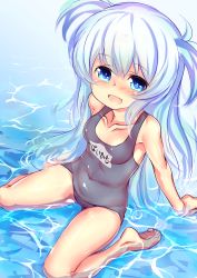 Rule 34 | 1girl, :d, baikamo (flower knight girl), blue eyes, blue one-piece swimsuit, blush, breasts, collarbone, flower knight girl, full body, long hair, looking at viewer, name tag, one-piece swimsuit, open mouth, partially submerged, school swimsuit, silver hair, sitting, small breasts, smile, solo, swimsuit, takabow, two side up, wariza, water