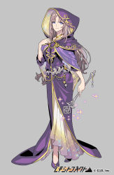 Rule 34 | 1girl, blue eyes, brown hair, copyright name, dress, full body, grey background, hand up, hood, long hair, looking at viewer, official art, pota (bluegutty), purple dress, purple footwear, purple hood, reki connect, simple background, smile, solo, sparkle, standing, tachi-e, tokugawa fumika, very long hair, wand, watermark