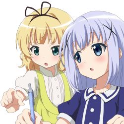 Rule 34 | 2girls, blonde hair, blue eyes, blue hair, buttons, casual, chestnut mouth, curly hair, dress, gochuumon wa usagi desu ka?, hair ornament, hair ribbon, hairclip, high collar, highres, kafuu chino, kirima syaro, long hair, looking at another, looking down, looking to the side, mechanical pencil, multiple girls, open mouth, pencil, pointing, puffy short sleeves, puffy sleeves, red star (toranecomet), ribbon, sailor collar, sailor dress, short hair, short sleeves, simple background, x hair ornament