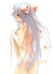 Rule 34 | 1girl, ass, back, bow, censored, completely nude, convenient censoring, female focus, from behind, fujiwara no mokou, grey hair, hair bow, hair ribbon, long hair, nokishita, nude, profile, red eyes, ribbon, solo, touhou, towel, tress ribbon, white background, white hair