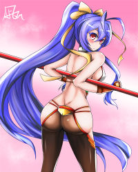 Rule 34 | 1girl, antenna hair, ass, backless outfit, bare shoulders, holding behind back, black pants, blazblue, blazblue: central fiction, blazblue variable heart, blue hair, blush, bow, breasts, butt crack, fingerless gloves, from behind, genderswap, genderswap (mtf), gloves, hair between eyes, hair bow, hair ribbon, halterneck, holding, holding weapon, large breasts, long hair, looking at viewer, looking back, lowleg, lowleg pants, mai natsume, midriff, nagishy, no bra, no panties, pants, polearm, ponytail, purple eyes, red eyes, revealing clothes, ribbon, shiny clothes, shiny skin, sideboob, sidelocks, smile, solo, spear, standing, tight clothes, tight pants, very long hair, weapon, yellow bow