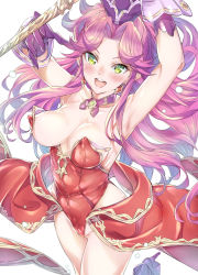 Rule 34 | 1girl, :d, absurdres, angela (seiken densetsu 3), armpits, arms up, bare shoulders, blush, breasts, cleavage, covered erect nipples, covered navel, earrings, gloves, green eyes, high heels, highres, jewelry, large breasts, leotard, long hair, looking at viewer, niko (tama), open mouth, pointy ears, purple hair, red leotard, seiken densetsu, seiken densetsu 3, simple background, smile, solo, staff, strapless, strapless leotard, teeth, upper teeth only, very long hair, white background