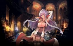 Rule 34 | 1girl, absurdres, alchemy, artist request, book, bookshelf, breasts, cleavage, collarbone, dress, garter straps, hair between eyes, hand on own head, hand on thigh, highres, huge filesize, isabelle (shadowverse), large breasts, light purple hair, long hair, looking at viewer, magic circle, official art, open mouth, potion, purple eyes, shadowverse, shiny skin, solo, source request, standing, thighs