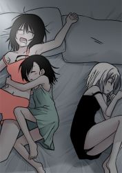 Rule 34 | 3girls, ahoge, arm up, armpits, bare arms, bare legs, bare shoulders, barefoot, bed sheet, black dress, black hair, blonde hair, clenched hand, closed eyes, collarbone, dress, drooling, fetal position, green dress, hair between eyes, highres, hug, light, lying, midriff, multiple girls, navel, off shoulder, on back, on side, open mouth, pillow, shorts, sleeping, sleeveless, sleeveless dress, tank top, third-party edit