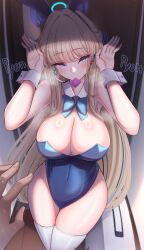 Rule 34 | 1girl, absurdres, animal ears, blonde hair, blue archive, blue bow, blue bowtie, blue eyes, blue leotard, bow, bowtie, breasts, cleavage, condom, condom in mouth, detached collar, fake animal ears, halo, highres, large breasts, laxiusart, leotard, long hair, mouth hold, official alternate costume, playboy bunny, pov, rabbit ears, solo focus, strapless, strapless leotard, thighhighs, toki (blue archive), toki (bunny) (blue archive), white thighhighs, wrist cuffs
