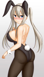Rule 34 | 1girl, absurdres, abukobato, animal ears, ass, back, black pantyhose, blue eyes, blush, breasts, cleavage, closed mouth, detached collar, detached sleeves, embarrassed, fake animal ears, full-face blush, graf zeppelin (kancolle), highres, kantai collection, large breasts, leotard, long hair, looking at viewer, looking back, pantyhose, playboy bunny, rabbit ears, rabbit tail, silver hair, tail