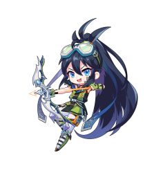 Rule 34 | absurdres, aqua eyes, artist request, black hair, bow (weapon), gloves, goggles, goggles on head, green gloves, highres, latale, long hair, pants, solo, weapon, white pants, wind stalker (latale)