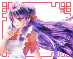 1girl apron bell bow chinese_clothes double_bun hair_bell hair_bow hair_bun hair_ornament highres long_hair maid_apron maid_headdress purple_eyes purple_hair ranma_1/2 red_bow red_shirt shampoo_(ranma_1/2) shirt sidelocks signature takeko0223 white_apron