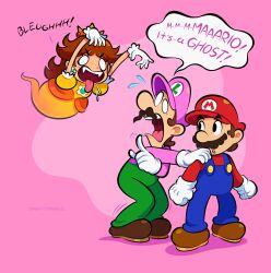 Rule 34 | 1girl, 2boys, blank eyes, blue overalls, brothers, brown footwear, brown hair, bubble luigi, cabbie hat, claw pose, commentary, crown, dress, earrings, english commentary, english text, facial hair, fangs, flower earrings, ghost girl, ghost tail, gloves, green overalls, hat, highres, jewelry, letter print, long hair, looking at another, looking back, luigi, mario, mario (series), mini crown, motion lines, multiple boys, mustache, nervous sweating, nintendo, no pupils, overalls, pink background, pink headwear, pink shirt, pointing, pointing at another, princess daisy, red headwear, red shirt, scared, shirt, shoes, short hair, siblings, speech bubble, super mario bros. wonder, sweat, tongue, tongue out, trembling, trolling, vinny (dingitydingus), white gloves, yellow dress