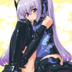Rule 34 | 10s, 1girl, bad id, bad pixiv id, bare shoulders, blush, busou shinki, dd (ijigendd), doll joints, elbow gloves, gloves, joints, hugging own legs, leotard, light smile, long hair, pink eyes, purple hair, smile, solo, tempesta, thighhighs, very long hair