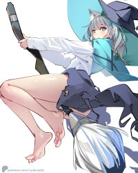 Rule 34 | 1girl, alternate costume, animal ear fluff, animal ear headwear, animal ears, aqua scarf, bare legs, barefoot, black skirt, blue archive, blush, broom, broom riding, extra ears, fake animal ears, grey hair, hat, holding, holding broom, long sleeves, looking at viewer, looking to the side, scarf, shiroko (blue archive), simple background, skirt, soles, solo, sydus, toes, torn clothes, torn skirt, white background, witch hat, wolf ears