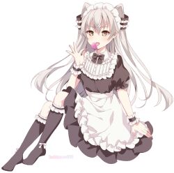 Rule 34 | 1girl, alternate costume, amatsukaze (kancolle), apron, black socks, candy, commentary request, dress, enmaided, food, frilled apron, frills, grey hair, hair tubes, highres, holding, holding candy, holding food, holding lollipop, kantai collection, kukimaru, licking, lollipop, long hair, looking at viewer, maid, maid headdress, one-hour drawing challenge, simple background, sitting, socks, solo, two side up, waist apron, white apron, white background, white dress, wrist cuffs