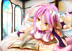 Rule 34 | 1girl, angel wings, arm support, ass, bed, book, breasts, spiked halo, cross, feathered wings, gloves, gradient hair, halo, jibril (no game no life), long hair, low wings, lying, magic circle, medium breasts, multicolored hair, no game no life, on bed, on stomach, pillow, pink hair, reading, sideboob, smile, solo, symbol-shaped pupils, tattoo, tawawa (kakeibo7ykwety), very long hair, white wings, wing ears, wings, yellow eyes