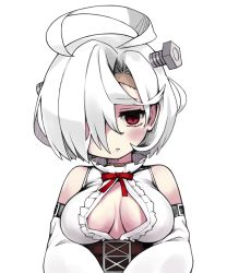 Rule 34 | 1girl, :o, ahoge, azur lane, bare shoulders, belt, belt buckle, blush, breasts, brown belt, buckle, center opening, detached sleeves, facing viewer, frills, hair between eyes, hair intakes, hair over one eye, long sleeves, looking at viewer, medium breasts, moru (monaka), no bra, no nose, open clothes, open mouth, open shirt, red eyes, red neckwear, red ribbon, ribbon, screw, shirt, short hair, simple background, sleeveless, sleeveless shirt, solo, stitches, terror (azur lane), turtleneck, underbust, upper body, white background, white hair, white shirt, wide sleeves
