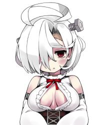 1girl :o ahoge azur_lane bare_shoulders belt belt_buckle blush breasts brown_belt buckle center_opening detached_sleeves facing_viewer female_focus frills hair_between_eyes hair_intakes hair_over_one_eye long_sleeves looking_at_viewer medium_breasts moru_(monaka) no_bra no_nose open_clothes open_mouth open_shirt red_eyes red_neckwear red_ribbon ribbon screw shirt short_hair simple_background sleeveless sleeveless_shirt solo stitches terror_(azur_lane) turtleneck underbust upper_body white_background white_hair white_shirt wide_sleeves