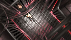 1girl brown_eyes brown_hair cable expressionless from_above full_body hair_ornament highres iwakura_lain jacket looking_at_viewer nanbu_yasumi parted_lips railing school_uniform serial_experiments_lain short_hair sitting skirt solo stairs x_hair_ornament