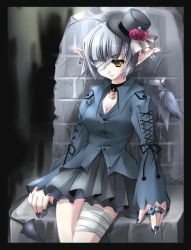 Rule 34 | 1girl, ahoge, bandages, black wings, breasts, choker, cleavage, demon tail, earrings, eyepatch, hat, jewelry, nail polish, original, pointy ears, ring, short hair, silver hair, single wing, sitting, solo, ta kaana, tail, wings, yellow eyes