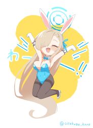 Rule 34 | 1girl, animal ears, asuna (blue archive), asuna (bunny) (blue archive), black pantyhose, blue archive, blue halo, blue leotard, blush, breasts, chibi, cleavage, closed eyes, collar, detached collar, fake animal ears, gloves, hair over one eye, halo, highres, large breasts, leotard, light brown hair, long hair, mole, mole on breast, official alternate costume, okimiyage, open mouth, pantyhose, playboy bunny, rabbit ears, smile, solo, strapless, strapless leotard, very long hair, white collar, white footwear, white gloves