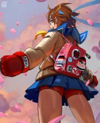 1girl, backpack, bag, bespectacled, bike shorts, blue sailor collar, blue skirt, brown eyes, brown hair, cameo, cardigan, clenched hands, cloud, cloudy sky, commentary, english commentary, from behind, from below, glasses, gloves, headband, highres, john crayton, kasugano sakura, looking back, petals, pink-framed eyewear, red gloves, red shorts, ryu (street fighter), sailor collar, school uniform, serafuku, short hair, shorts, shorts under skirt, skirt, sky, solo, spring (season), standing, street fighter, street fighter v, thighs, upper teeth, white headband