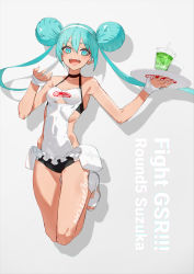 Rule 34 | 1girl, apron, aqua eyes, aqua hair, arm tattoo, bare arms, bare legs, bare shoulders, clothing cutout, company name, copyright name, cup, double bun, drink, drinking straw, english text, frilled apron, frills, full body, goodsmile racing, grey background, hair between eyes, hair bun, hairband, hands up, hatsune miku, highres, holding, holding tray, ice, ice cube, jumping, leg tattoo, legs up, maid, neco, official art, open mouth, outstretched arm, promotional art, racing miku, racing miku (2022), shadow, simple background, sleeveless, smile, solo, tattoo, teeth, tray, upper teeth only, white footwear, white hairband, wrist cuffs