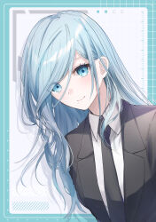 Rule 34 | absurdres, black suit, blue eyes, blue hair, formal, highres, hinomori shizuku, long hair, long sleeves, looking at viewer, mairu003, mole, mole under mouth, necktie, project sekai, smile, solo, suit