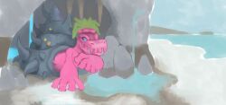 Rule 34 | absurdres, colored skin, digimon, digimon (creature), green hair, highres, pink skin, shell, shellmon, solo, water