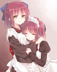 Rule 34 | 2girls, apron, blue bow, bow, bowtie, brown dress, brown kimono, closed eyes, closed mouth, commentary request, dress, half updo, hand on another&#039;s head, hand on another&#039;s shoulder, head on chest, highres, hisui (tsukihime), hug, japanese clothes, juliet sleeves, kimono, kohaku (tsukihime), long sleeves, maid, maid apron, maid headdress, mixed maids, multiple girls, puffy sleeves, red bow, red hair, short hair, siblings, sisters, sleeping, smile, tanka kikurage, tsukihime, twins, wa maid, white apron, wide sleeves, yellow eyes
