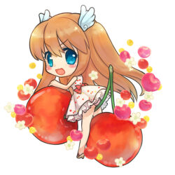 Rule 34 | 1girl, :d, alternate costume, back bow, blue eyes, blush stickers, bow, casual, cherry, chibi, commentary, dress, english commentary, eyes visible through hair, flower, food, from side, fruit, hair between eyes, long hair, looking at viewer, may salamanya, ootori chihaya, open mouth, orange hair, panties, petticoat, pink panties, red bow, rewrite, short dress, smile, smug, solo, standing, straight hair, two side up, underwear, v-shaped eyebrows, very long hair, white dress, white flower, wing hair ornament