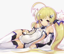 Rule 34 | 1girl, ahoge, arm support, asymmetrical bangs, azur lane, bare shoulders, blonde hair, blush, breasts, character name, closed mouth, clothes writing, collarbone, commentary request, covered navel, detached sleeves, eldridge (azur lane), grey background, hair ornament, hair tubes, hairclip, hand on own hip, long hair, long sleeves, looking at viewer, low twintails, lying, midriff, minutachi, on side, orange eyes, purple pupils, sideboob, simple background, small breasts, solo, thigh gap, thighhighs, twintails, white thighhighs