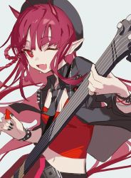 Rule 34 | 1girl, ahoge, arknights, awa iro, bracelet, cabbie hat, detached collar, electric guitar, fang, guitar, hat, highres, holding, holding instrument, horns, instrument, jewelry, nail polish, necktie, official alternate costume, one eye closed, plectrum, pointy ears, red eyes, red hair, red shirt, shirt, skin fang, spiked bracelet, spiked jacket, spiked thighlet, spikes, vigna (arknights), vigna (black wave) (arknights)