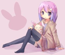 Rule 34 | 1girl, :3, animal, black thighhighs, blush, blush stickers, brown jacket, brown skirt, child, closed mouth, collarbone, female focus, fujiwara gacho, full body, gradient hair, hair ornament, hairpin, hand on own knee, hand up, jacket, knee up, long sleeves, looking at viewer, miniskirt, multicolored eyes, multicolored hair, o o, original, pink background, pink hair, pleated skirt, purple eyes, purple hair, rabbit, red eyes, simple background, sitting, skindentation, skirt, smile, solo focus, thighhighs, white eyes, zettai ryouiki