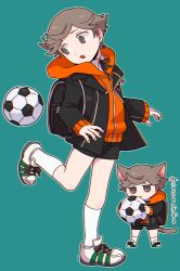 Rule 34 | 1boy, amada ken, animal ears, bag, ball, black jacket, black ribbon, black shorts, brown eyes, brown hair, cat ears, cat tail, child, collared shirt, commentary, foot up, full body, gekkoukan high school uniform, highres, holding, holding ball, hood, hood down, hoodie, jacket, long sleeves, looking back, male focus, mufksin, multiple views, neck ribbon, open clothes, open jacket, open mouth, orange hoodie, persona, persona 3, ribbon, school bag, school uniform, shirt, short hair, shorts, simple background, soccer ball, socks, standing, standing on one leg, symbol-only commentary, tail, translation request, white shirt, white socks