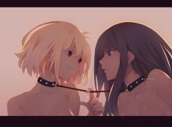 Rule 34 | bare shoulders, bdsm, black choker, black hair, blonde hair, blush, bob cut, choker, close-up, collar, disheveled, eyelashes, hickey, highres, inoue takina, leash, letterboxed, linked collar, long hair, looking at another, lycoris recoil, nishikigi chisato, open mouth, purple eyes, red eyes, slave, smile, sweat, to ro maru, topless, upper body, yuri