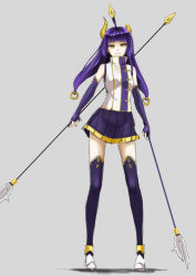Rule 34 | 1girl, black thighhighs, broken horn, cloud kingdom, dual wielding, elbow gloves, fingerless gloves, full body, glaive (polearm), gloves, grey background, high collar, holding, horns, light smile, long hair, nail polish, original, pas (paxiti), pleated skirt, polearm, purple hair, simple background, skirt, sleeveless, slit pupils, solo, thighhighs, weapon, yellow eyes