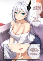 Rule 34 | 1girl, bare shoulders, blue eyes, blue pants, breasts, cecilia schariac, cleavage, close-up, collarbone, comic, commentary, couch, english commentary, english text, finger to mouth, hair between eyes, hair flaps, hair ornament, highres, holding, holding pillow, honkai (series), honkai impact 3rd, indoors, long hair, looking at viewer, medium breasts, netorare, open mouth, pants, pillow, sheita, shirt, silver hair, sitting, solo, swept bangs, white shirt