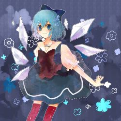 Rule 34 | 1girl, blue eyes, blue hair, bow, cirno, female focus, matching hair/eyes, no nose, red thighhighs, smile, solo, thighhighs, touhou, wings