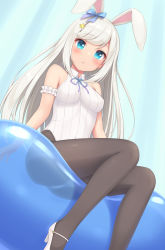 Rule 34 | animal ears, arm garter, bare shoulders, black pantyhose, blue bow, blue eyes, blush, bow, breasts, dutch angle, feet out of frame, from below, hair bow, hair ornament, high heels, highres, leotard, long hair, looking at viewer, medium breasts, original, pantyhose, rabbit ears, sasaame, sitting, star (symbol), star hair ornament, white footwear, white hair, white leotard